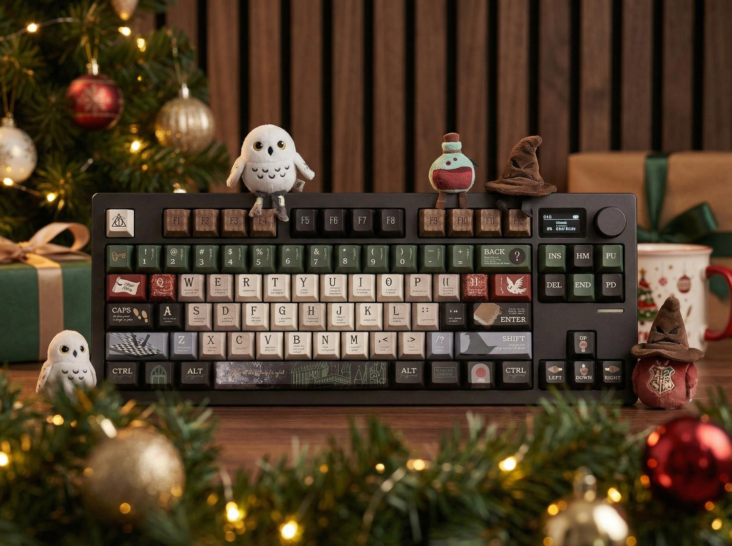 Harry Potter inspired magic academy keycaps on a cozy wizardcore desk setup