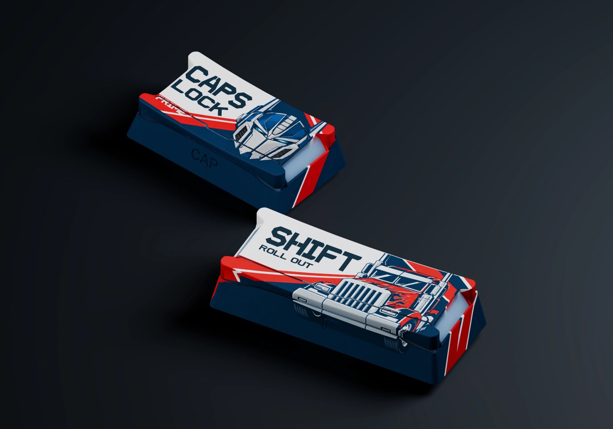 Two sculpted keycaps featuring the Optimus Prime portrait on Caps Lock and the truck on Shift
