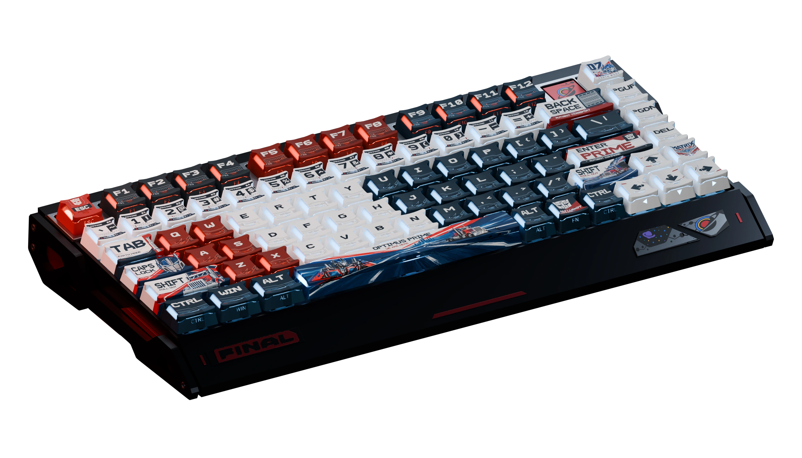 Optimus Prime keycaps on a keyboard, with red and ice-blue light shining through the sculpted armour